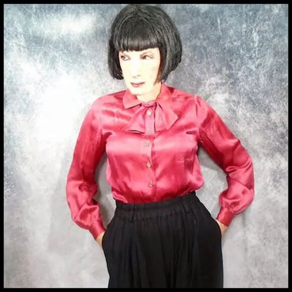 Vintage Silk Charmeuse Long Sleeve Blouse, Tie Bow 30s 1930s - Picture 5 of 14